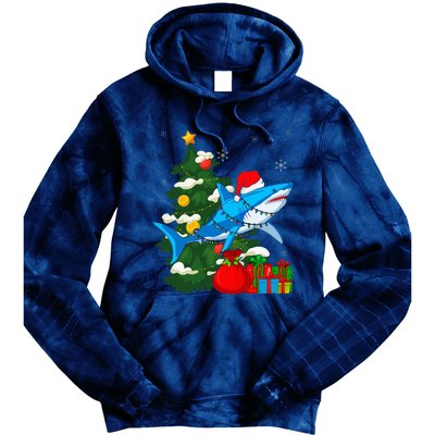 Santa Shark Christmas Lights Sharkmas Tree Xmas Tie Dye Hoodie