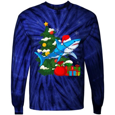 Santa Shark Christmas Lights Sharkmas Tree Xmas Tie-Dye Long Sleeve Shirt