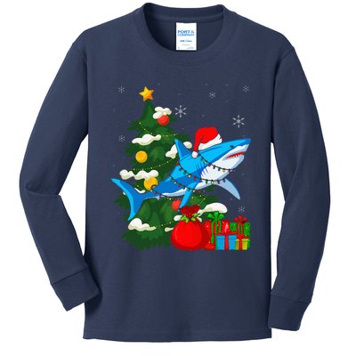 Santa Shark Christmas Lights Sharkmas Tree Xmas Kids Long Sleeve Shirt