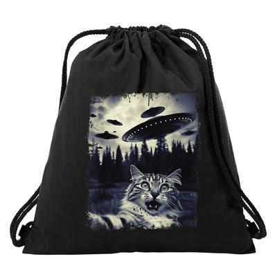 Surprised & Scared Cat Selfie Aliens Ufos Weird Drawstring Bag