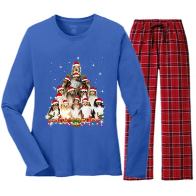 Shetland Sheepdog Christmas Tree Dog Santa Xmas Funny Pajama Gift Women's Long Sleeve Flannel Pajama Set 