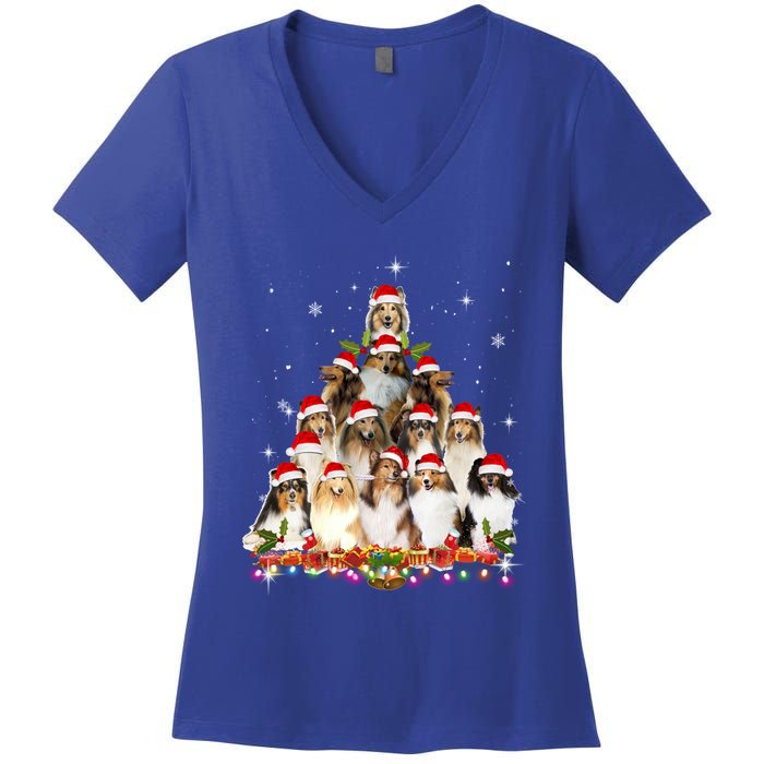 Shetland Sheepdog Christmas Tree Dog Santa Xmas Funny Pajama Gift Women's V-Neck T-Shirt