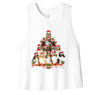 Shetland Sheepdog Christmas Tree Dog Santa Xmas Funny Pajama Gift Women's Racerback Cropped Tank