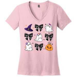 Spooky Season Cute Boo Ghost Coquette Halloween Women's V-Neck T-Shirt