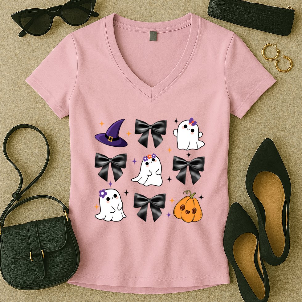 Spooky Season Cute Boo Ghost Coquette Halloween Women's V-Neck T-Shirt