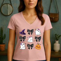 Spooky Season Cute Boo Ghost Coquette Halloween Women's V-Neck T-Shirt