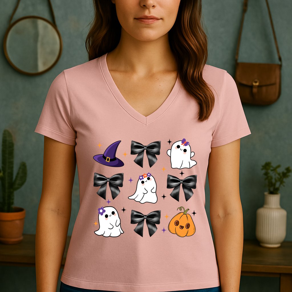 Spooky Season Cute Boo Ghost Coquette Halloween Women's V-Neck T-Shirt