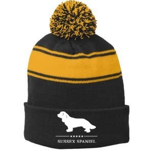 Sussex Spaniel Dog White Silhouette Premium Stripe Pom Pom Beanie