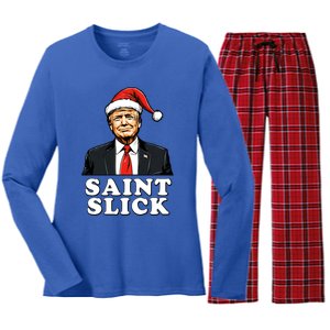 Saint Slick Donald Trump Christmas Santa Claus Hat Holiday Cool Gift Women's Long Sleeve Flannel Pajama Set 