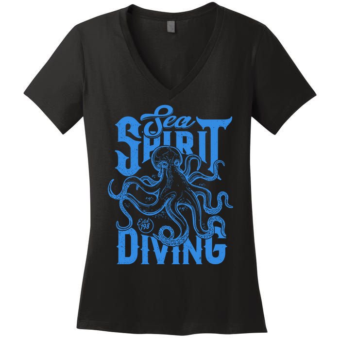 Sea Spirit Diving Funny Fishing Poster Women's V-Neck T-Shirt