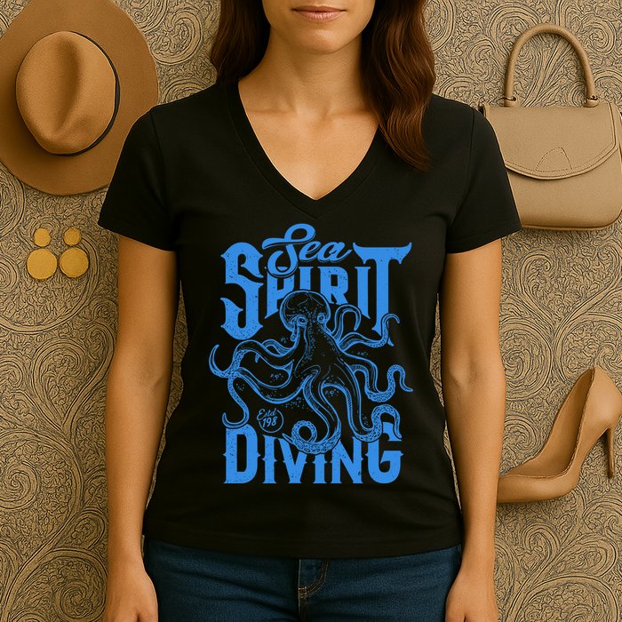 Sea Spirit Diving Funny Fishing Poster Women's V-Neck T-Shirt