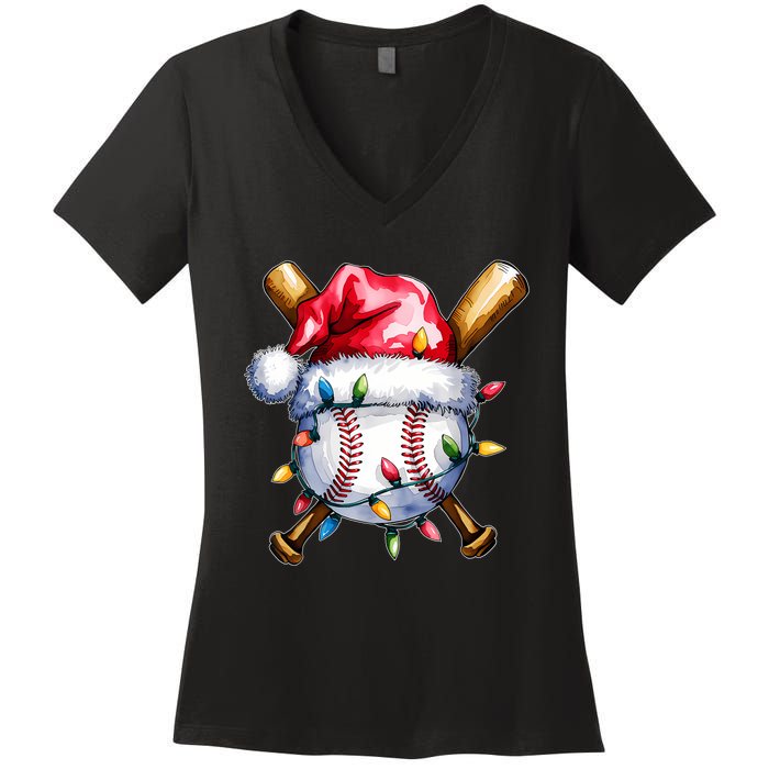 Santa Sports Design For Christmas Baseball Player Women's V-Neck T-Shirt