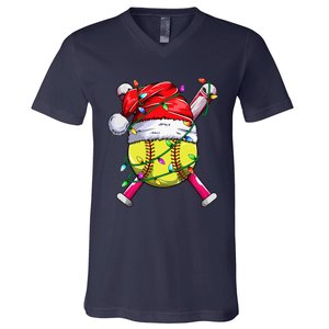 Santa Sports Design Women Christmas Softball Player V-Neck T-Shirt