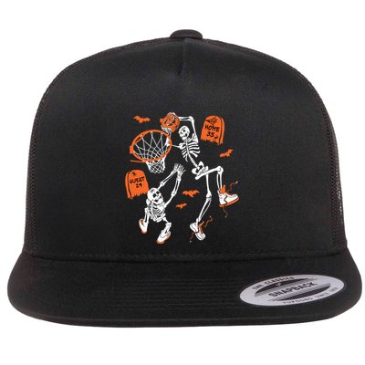 Spooky Skeleton Dunking Basketball Graveyard Halloween Flat Bill Trucker Hat