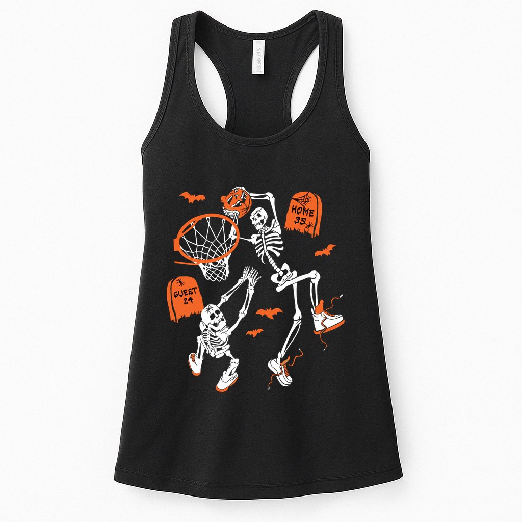 Spooky Skeleton Dunking Basketball Graveyard Halloween Womens Tank Top