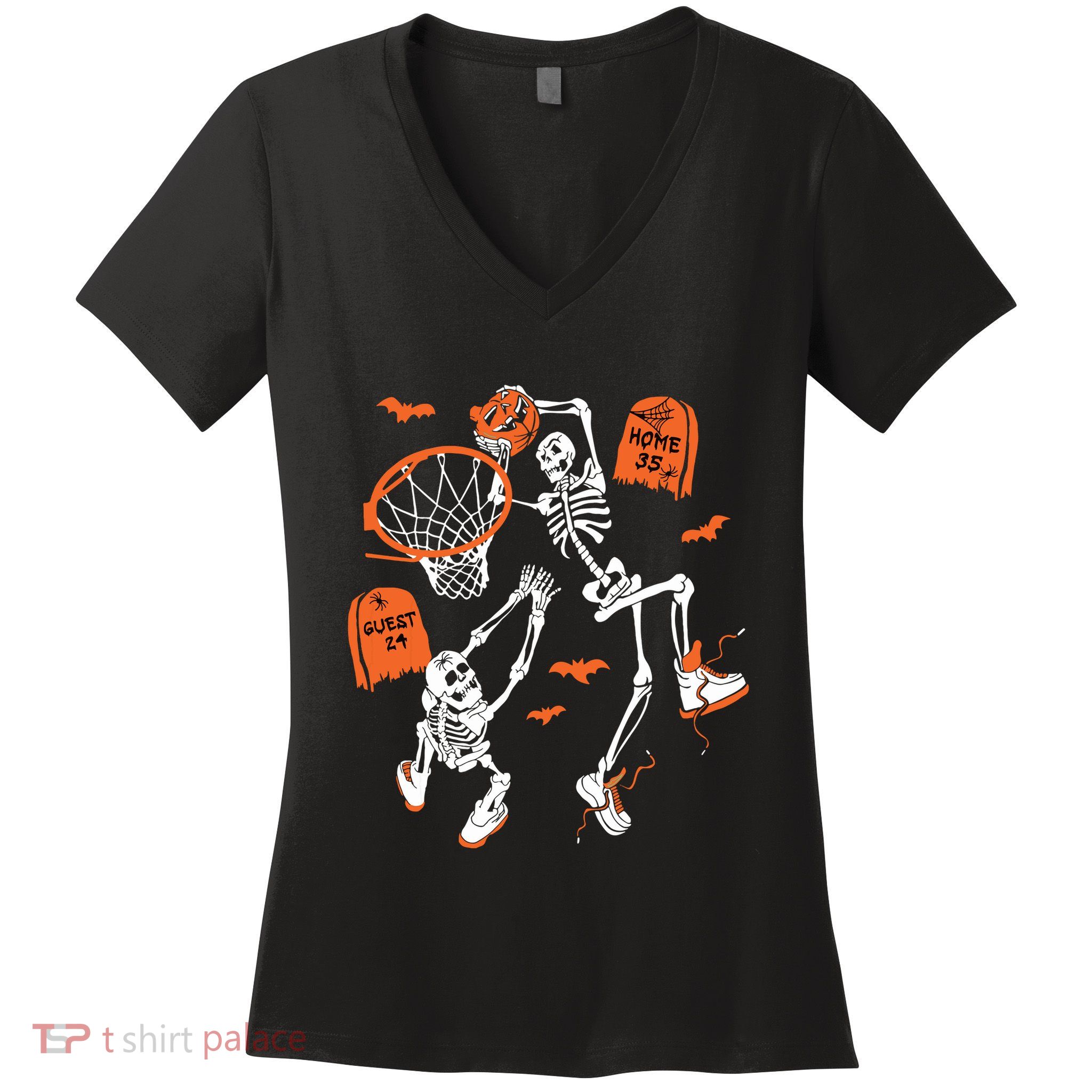 Spooky Skeleton Dunking Basketball Graveyard Halloween Women's V-Neck T-Shirt
