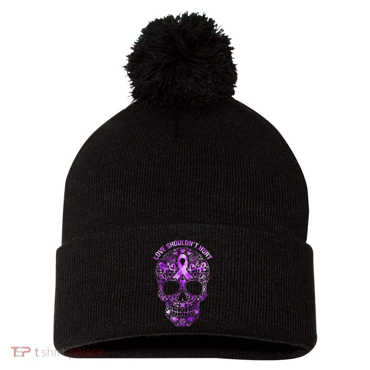 Sugar Skull Domestic Violence Awareness Pom Pom 12in Knit Beanie