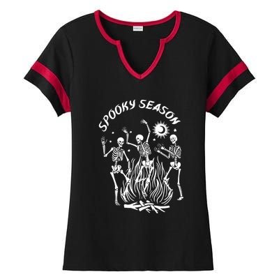 Spooky Season Dancing Skeleton Halloween Costume Ladies Halftime Notch Neck Tee