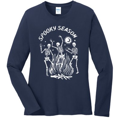 Spooky Season Dancing Skeleton Halloween Costume Ladies Long Sleeve Shirt