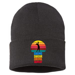 Swing Swear Drink Repeat Funny Golfer Golf Lovers Quote Sustainable Knit Beanie