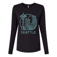 Simple Seattle Downtown Cityscape Emerald Color Womens Cotton Relaxed Long Sleeve T-Shirt