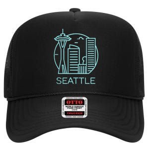 Simple Seattle Downtown Cityscape Emerald Color High Crown Mesh Back Trucker Hat