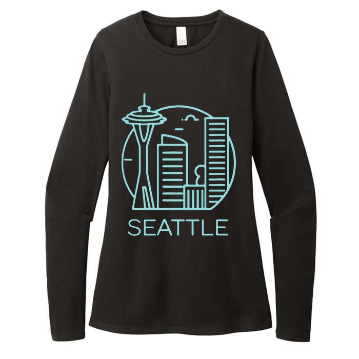 Simple Seattle Downtown Cityscape Emerald Color Womens CVC Long Sleeve Shirt