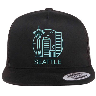 Simple Seattle Downtown Cityscape Emerald Color Flat Bill Trucker Hat