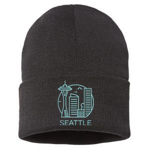 Simple Seattle Downtown Cityscape Emerald Color Sustainable Knit Beanie