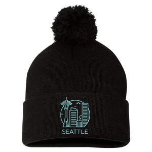 Simple Seattle Downtown Cityscape Emerald Color Pom Pom 12in Knit Beanie