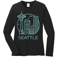 Simple Seattle Downtown Cityscape Emerald Color Ladies Long Sleeve Shirt