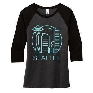 Simple Seattle Downtown Cityscape Emerald Color Women's Tri-Blend 3/4-Sleeve Raglan Shirt