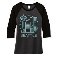 Simple Seattle Downtown Cityscape Emerald Color Women's Tri-Blend 3/4-Sleeve Raglan Shirt