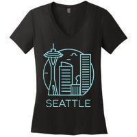 Simple Seattle Downtown Cityscape Emerald Color Women's V-Neck T-Shirt