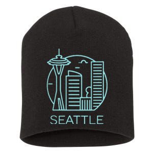 Simple Seattle Downtown Cityscape Emerald Color Short Acrylic Beanie