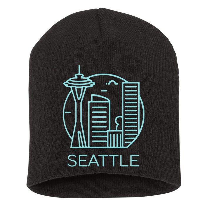 Simple Seattle Downtown Cityscape Emerald Color Short Acrylic Beanie