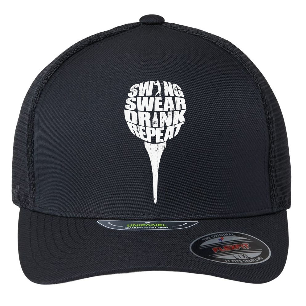 Swing Swear Drink Repeat Player Funny  Golf Lover Flexfit Unipanel Trucker Cap