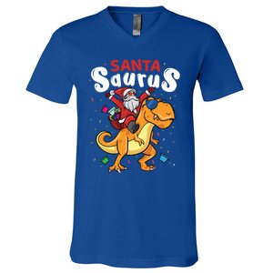 Santa Saurus Dino And Santa Claus Dinosaur And Santa Gift V-Neck T-Shirt