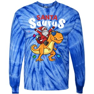 Santa Saurus Dino And Santa Claus Dinosaur And Santa Gift Tie-Dye Long Sleeve Shirt