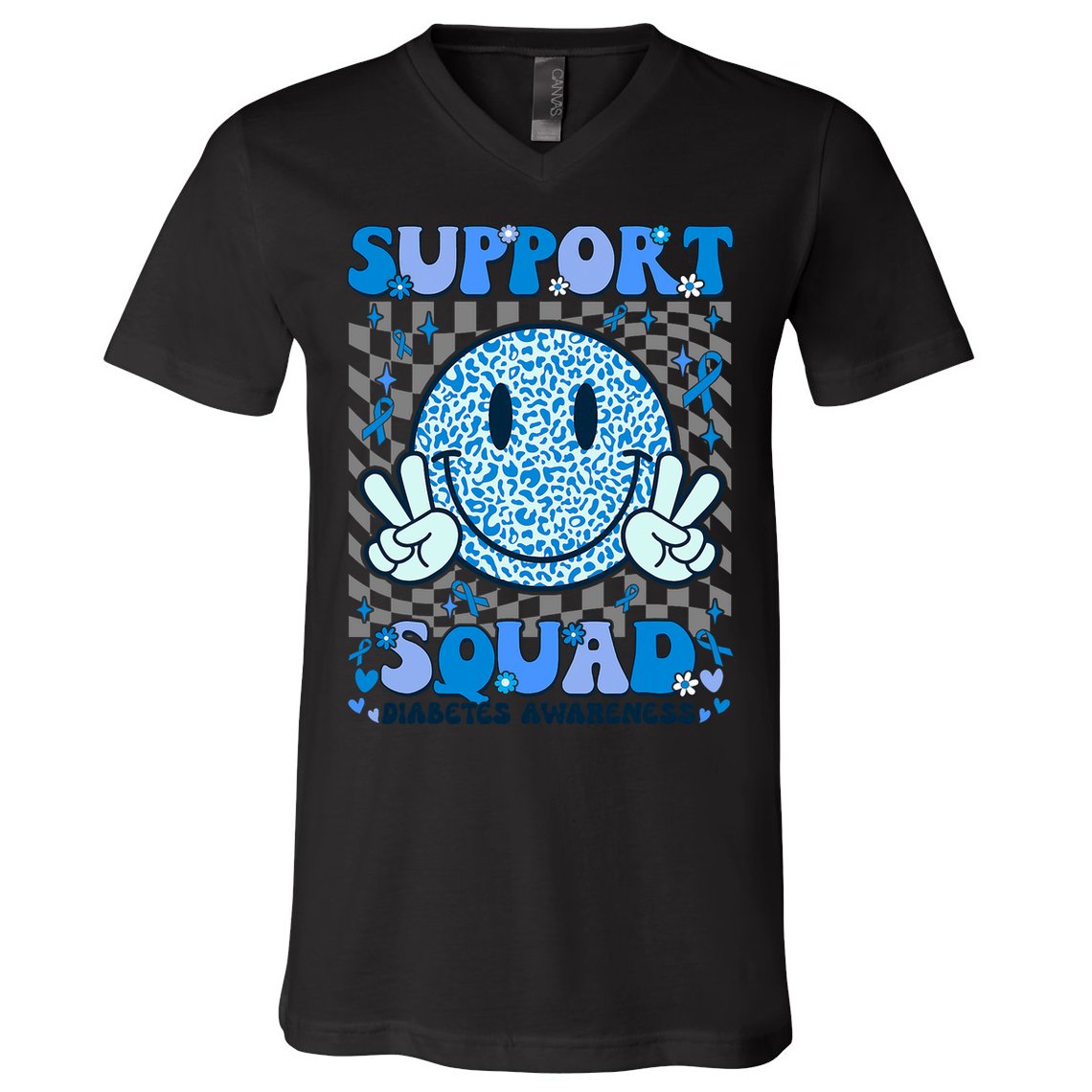 Support Squad Diabetes Awareness Blue Smile T1d Type 1 V-Neck T-Shirt