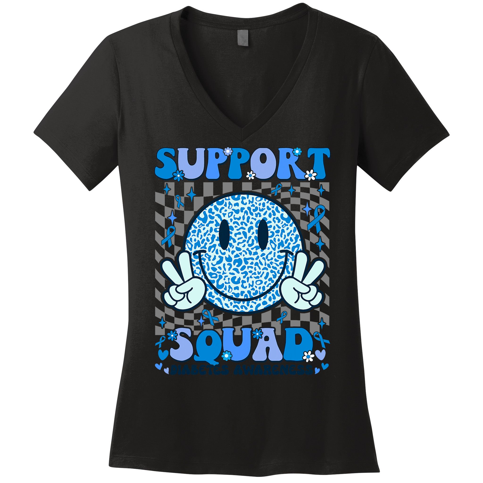 Support Squad Diabetes Awareness Blue Smile T1d Type 1 Women's V-Neck T-Shirt