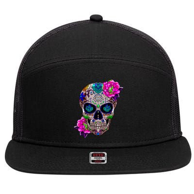 Sugar Skull Day Of The Dead Cool Bone Head Skulls Gift Idea 7 Panel Mesh Trucker Snapback Hat