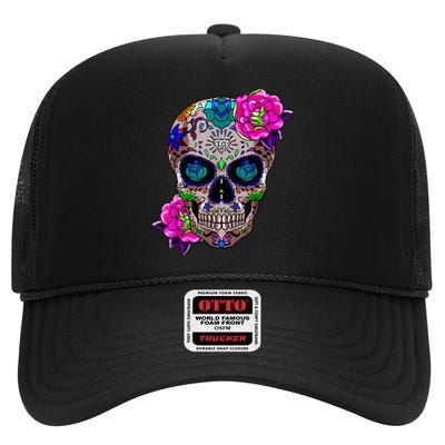 Sugar Skull Day Of The Dead Cool Bone Head Skulls Gift Idea High Crown Mesh Back Trucker Hat