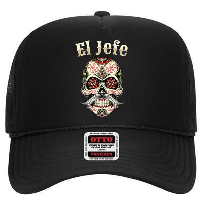 Sugar Skull Dia De Los Muertos El Jefe Design High Crown Mesh Back Trucker Hat