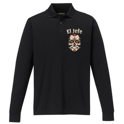 Sugar Skull Dia De Los Muertos El Jefe Design Performance Long Sleeve Polo