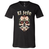 Sugar Skull Dia De Los Muertos El Jefe Design V-Neck T-Shirt