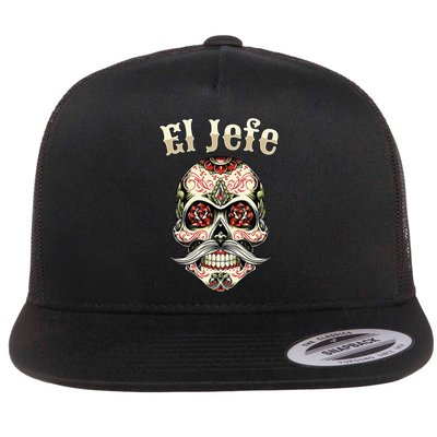 Sugar Skull Dia De Los Muertos El Jefe Design Flat Bill Trucker Hat