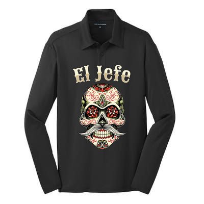 Sugar Skull Dia De Los Muertos El Jefe Design Silk Touch Performance Long Sleeve Polo