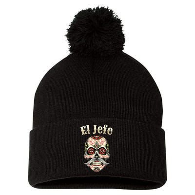 Sugar Skull Dia De Los Muertos El Jefe Design Pom Pom 12in Knit Beanie