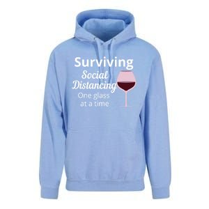 Surviving Social Distancing One Glass At A Time Funny Wine Cool Gift Unisex Surf Hoodie